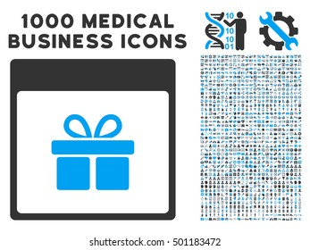 Blue And Gray Present Box Calendar Page vector icon with 1000 medical business pictograms. Set style is flat bicolor symbols, blue and gray colors, white background.