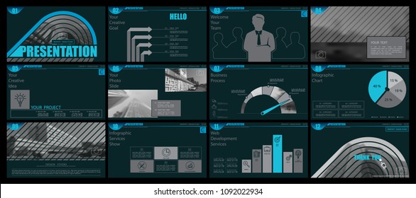 Blue, gray, presentation templates on a dark background. Creative. A set of infographic subjects. Presentation, leaflet and flyer, corporate report, marketing, phone, advertising,annual report,vector