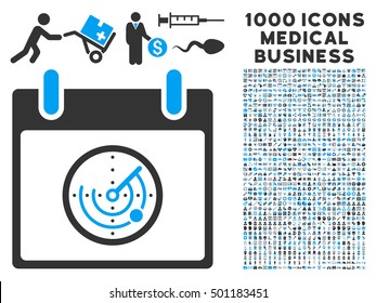 Blue And Gray Radar Calendar Day vector icon with 1000 medical business pictograms. Set style is flat bicolor symbols, blue and gray colors, white background.