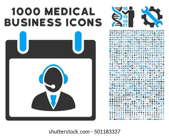 Blue And Gray Reception Operator Calendar Day vector icon with 1000 medical business pictograms. Set style is flat bicolor symbols, blue and gray colors, white background.