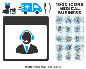 Blue And Gray Reception Operator Calendar Page vector icon with 1000 medical business pictograms. Set style is flat bicolor symbols, blue and gray colors, white background.