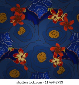 Blue, gray and red flower petals, close up roses, beautiful abstract seamless pattern.