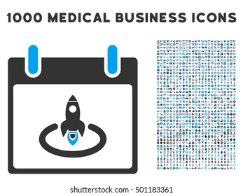 Blue And Gray Rocket Start Calendar Page vector icon with 1000 medical business pictograms. Set style is flat bicolor symbols, blue and gray colors, white background.