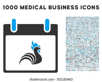 Blue And Gray Rooster Calendar Day vector icon with 1000 medical business pictograms. Set style is flat bicolor symbols, blue and gray colors, white background.