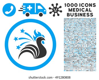 Blue And Gray Rooster vector bicolor rounded icon. Image style is a flat icon symbol inside a circle, white background. Bonus set has 1000 health care business pictographs.