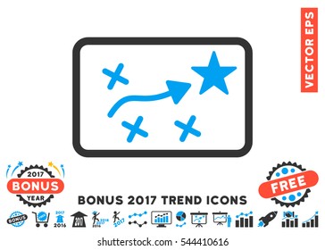 Blue And Gray Route Plan pictogram with bonus 2017 year trend icon set. Vector illustration style is flat iconic bicolor symbols, white background.