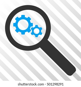 Blue And Gray Search Gears Tool interface toolbar pictogram. Vector pictogram style is a flat bicolor symbol on diagonal hatch transparent background.