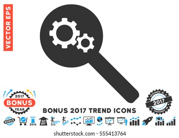 Blue And Gray Search Gears Tool icon with bonus 2017 year trend pictures. Vector illustration style is flat iconic bicolor symbols, white background.