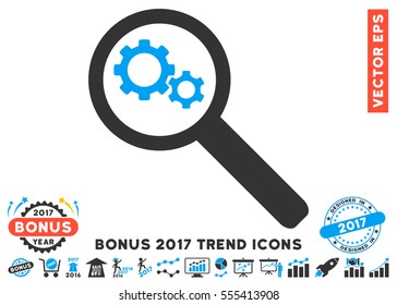 Blue And Gray Search Gears Tool pictogram with bonus 2017 trend clip art. Vector illustration style is flat iconic bicolor symbols, white background.