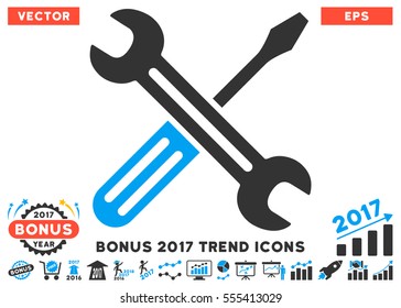 Blue And Gray Spanner And Screwdriver pictograph with bonus 2017 year trend clip art. Vector illustration style is flat iconic bicolor symbols, white background.