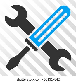 Blue And Gray Tools interface toolbar icon. Vector pictograph style is a flat bicolor symbol on diagonal hatch transparent background.