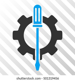 Blue And Gray Tuning Options Gear toolbar pictogram. Vector pictograph style is a flat bicolor symbol on diagonal hatch transparent background.