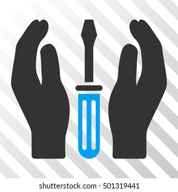 Blue And Gray Tuning Screwdriver Care Hands toolbar icon. Vector pictograph style is a flat bicolor symbol on diagonal hatch transparent background.