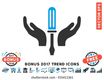 Blue And Gray Tuning Screwdriver Maintenance icon with bonus 2017 trend icon set. Vector illustration style is flat iconic bicolor symbols, white background.