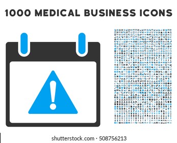 Blue And Gray Warning Calendar Day vector icon with 1000 medical business pictograms. Set style is flat bicolor symbols, blue and gray colors, white background.