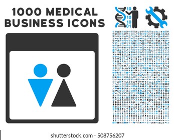 Blue And Gray WC Persons Calendar Page vector icon with 1000 medical business pictograms. Set style is flat bicolor symbols, blue and gray colors, white background.