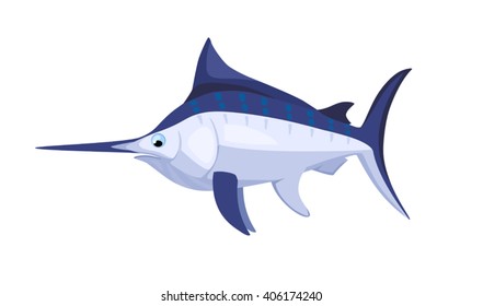 blue, gray and white isolated cartoon marlin or swordfish with comic proportions of the body