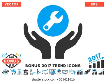 Blue And Gray Wrench Maintenance pictogram with bonus 2017 trend pictograms. Vector illustration style is flat iconic bicolor symbols, white background.