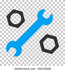 Blue And Gray Wrench and Nuts interface icon. Vector pictograph style is a flat bicolor symbol on chess transparent background.