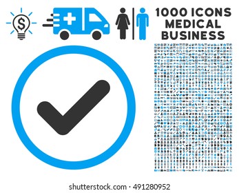 Blue And Gray Yes vector bicolor rounded icon. Image style is a flat icon symbol inside a circle, white background. Bonus set includes 1000 healthcare business pictographs.