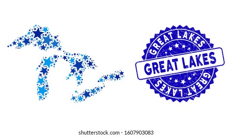 Blue Great Lakes map collage of stars, and grunge rounded seal. Abstract geographic plan in blue color tinges. Vector Great Lakes map is designed of blue stars.