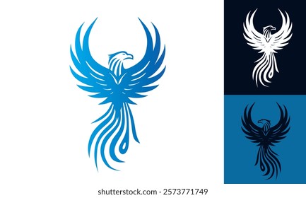 BLUE GREAT PHOENIX BIRD LOGO, silhouette of strong elegant abstract bird flying vector illustrations