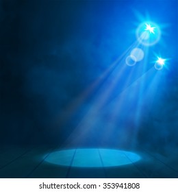 Blue Great Premiere Show Background. Smoky vector stage podium shining with spotlight's rays 