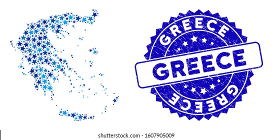 Blue Greece map composition of stars, and distress round stamp. Abstract geographic scheme in blue color tints. Vector Greece map is designed of blue stars.