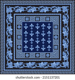 Blue Greek key pattern frieze, meander border, floral frame, royal lily flowers, grape-vine garland on a black background. Carpet, bandana print, square pocket range, handkerchief