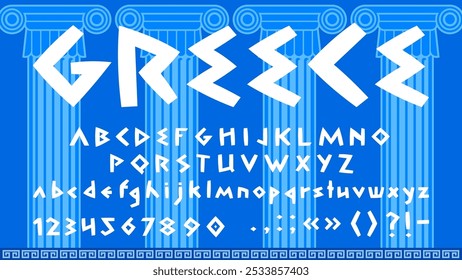 Blue greek style font, ancient Greece type alphabet letters and numbers vector typography. Old mediterranean triangle typeface of english abc characters on background with antique greek pillars