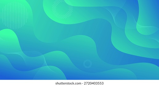 Fundo abstrato azul e verde com formas suaves de onda fluente criando aparência visual fresca, moderna e dinâmica.