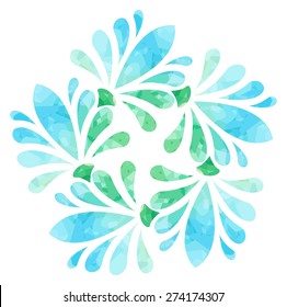 Blue green abstract flower of five elements with polygonal pattern on white background in the Watercolour pattern collection