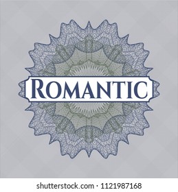 Blue and green abstract linear rosette with text Romantic inside