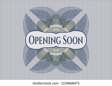 Blue and green abstract linear rosette with text Opening Soon inside