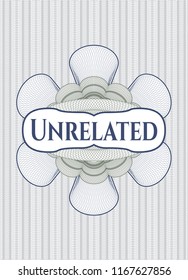 Blue and green abstract linear rosette with text Unrelated inside