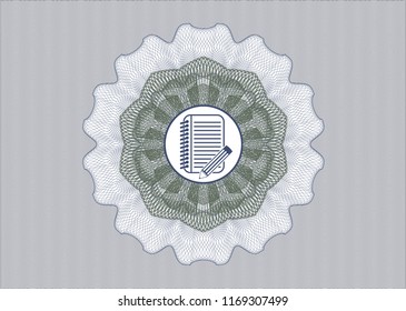 Blue and green abstract linear rosette with notebook with pencil icon inside