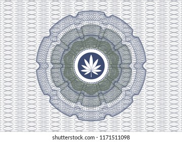 Blue and green abstract linear rosette with marijuana leaf icon inside