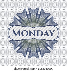 Blue and green abstract linear rosette with text Monday inside