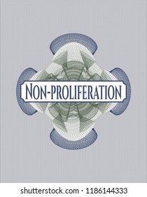 Blue and green abstract linear rosette with text Non-proliferation inside