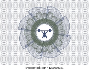 Blue and green abstract linear rosette with snatch, weightlifting icon inside