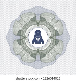 Blue and green abstract linear rosette with businesswoman icon inside