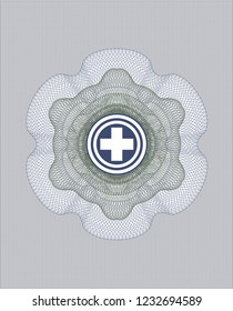 Blue and green abstract linear rosette with medicine icon inside