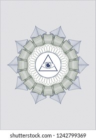 Blue and green abstract linear rosette with illuminati pyramid icon inside
