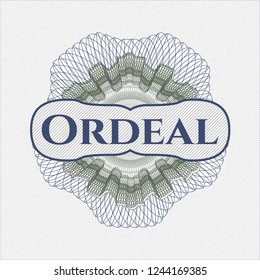 Blue and green abstract linear rosette with text Ordeal inside