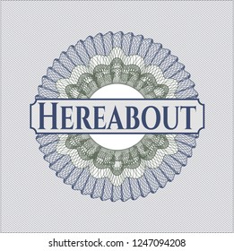 Blue and green abstract linear rosette with text Hereabout inside