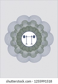 Blue and green abstract linear rosette with barbell on rack icon inside