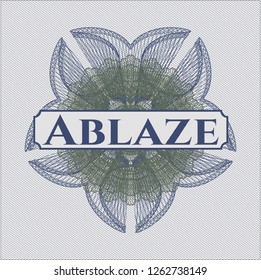 Blue and green abstract linear rosette with text Ablaze inside