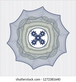 Blue and green abstract linear rosette with mechanism icon inside