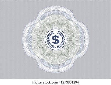 Blue and green abstract linear rosette with laurel wreath with money symbol inside icon inside