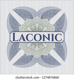 Blue and green abstract linear rosette with text Laconic inside
